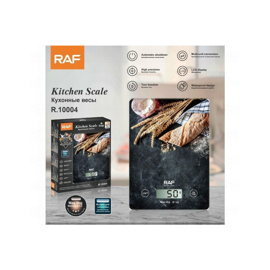 RAF kitchen scale packaging with digital display on a white background