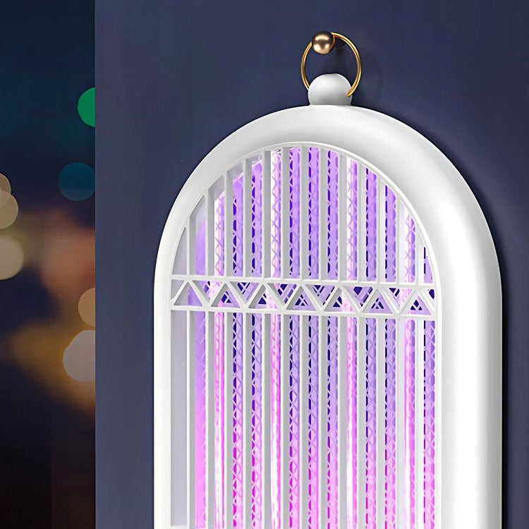 USB Rechargeable Electric Mosquito Killer Lamp with a white frame and purple lights on a dark background