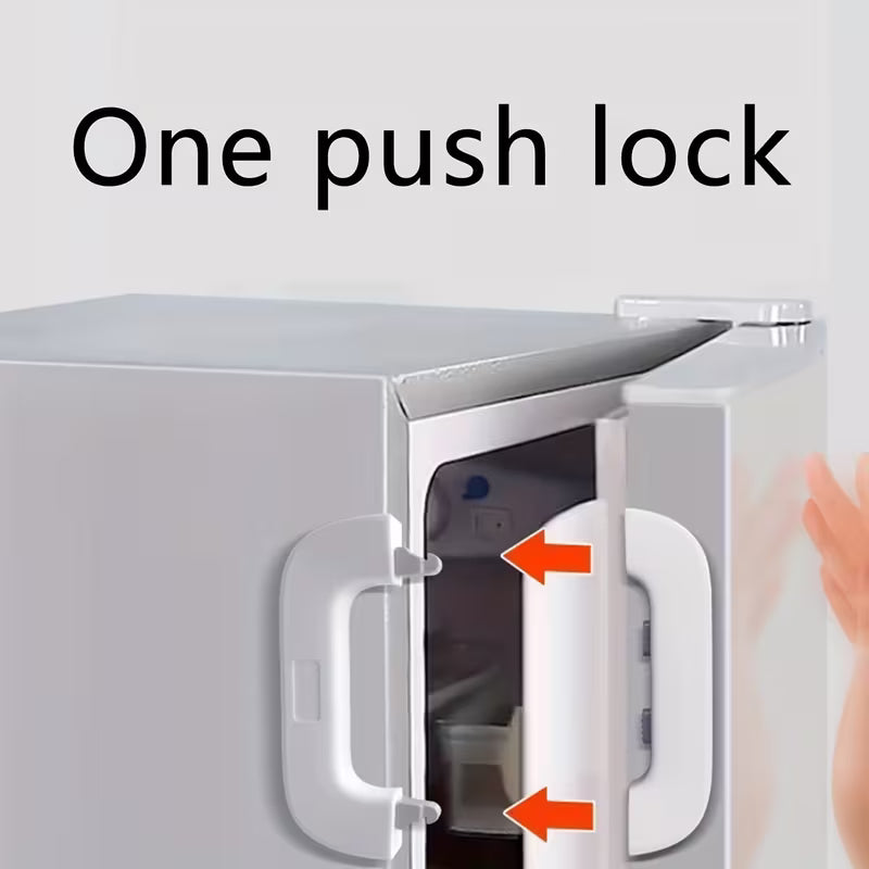 A refrigerator with a child safety lock, displayed on a clean white background