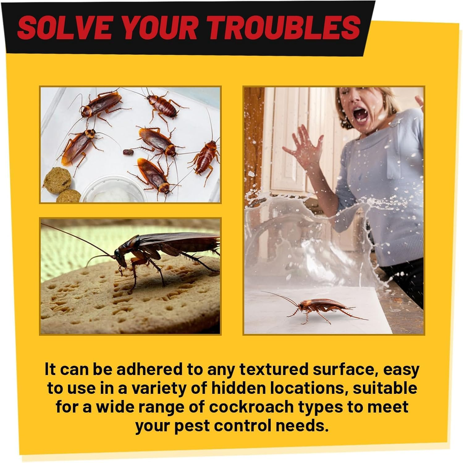 Advertisement for Roach Doctor Cockroach Gel Bait featuring images of cockroaches and a distressed person, with the tagline "Solve Your Troubles