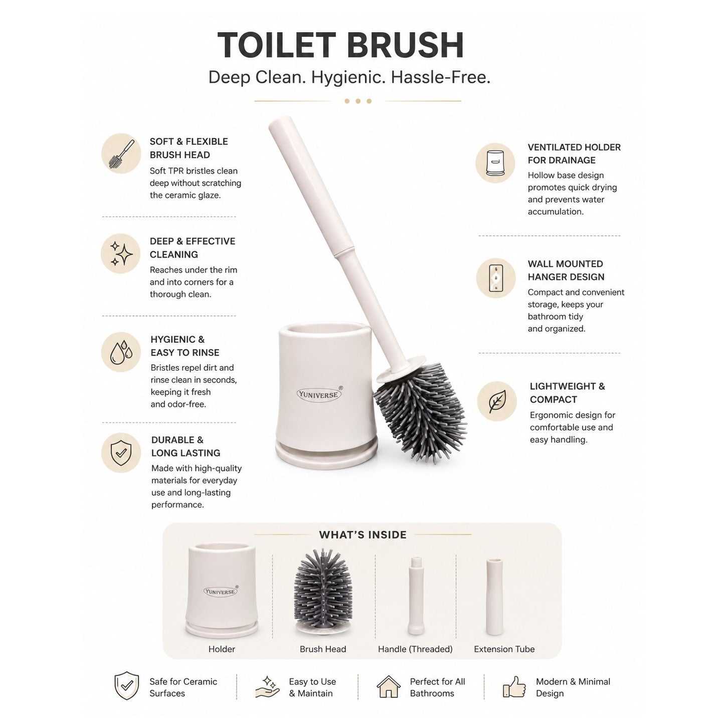 Toilet brush with holder and features listed on a white background