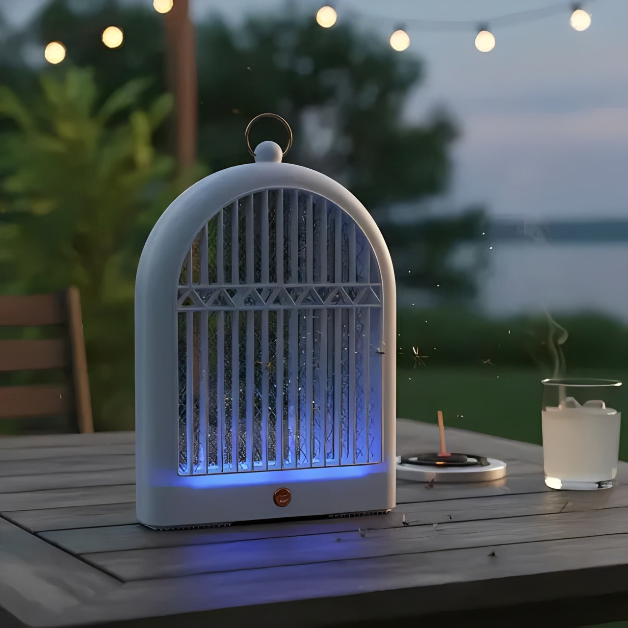 USB Rechargeable Electric Mosquito Killer Lamp on a table with a candle and string lights in the background.