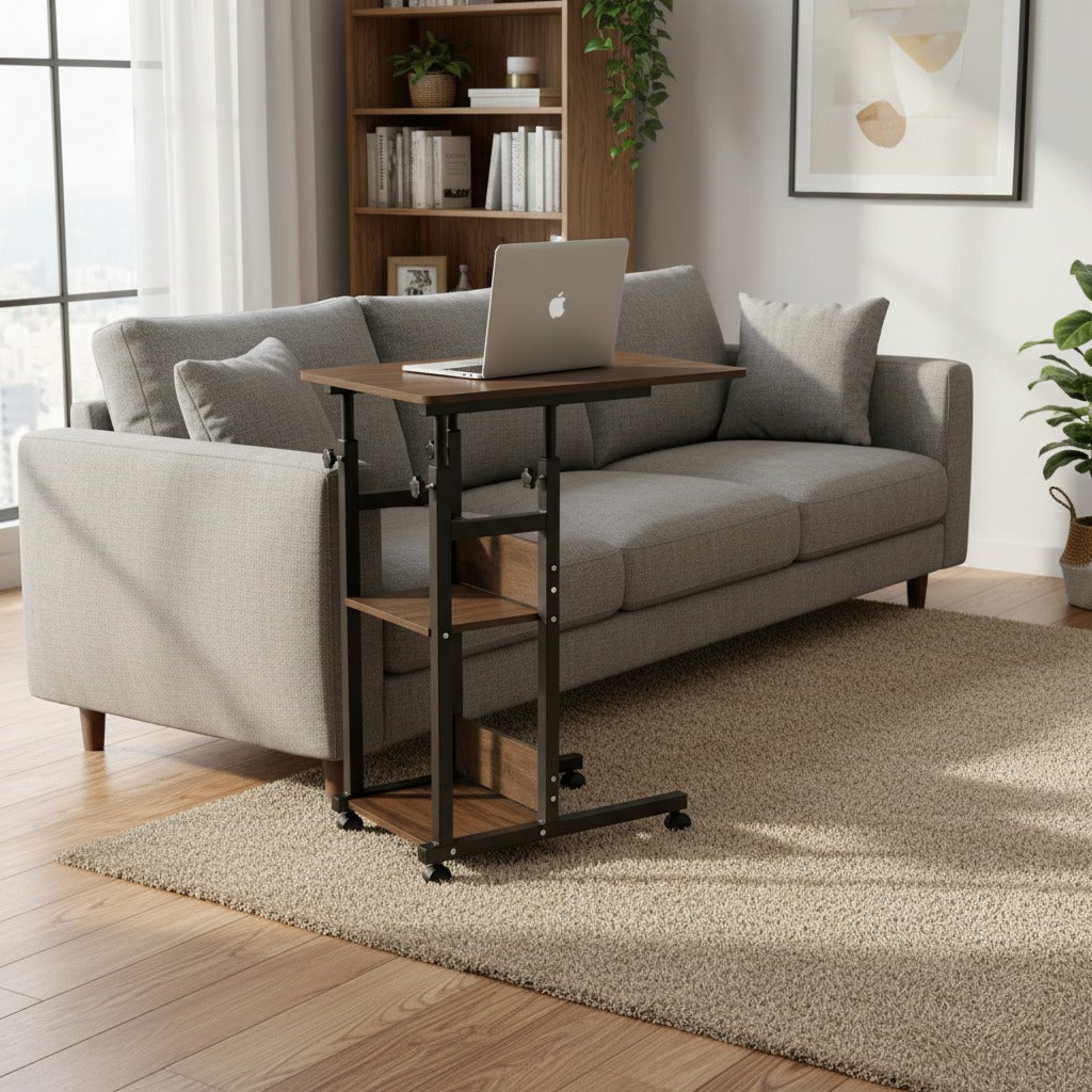 Gray sofa with a Adjustable Overbed Laptop Table in a living room setting