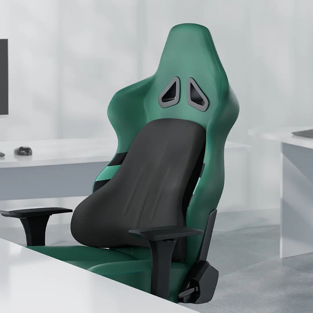 Modern gaming chair with Green Lion Comfort Mate Seat Cushion design in a minimalistic room.