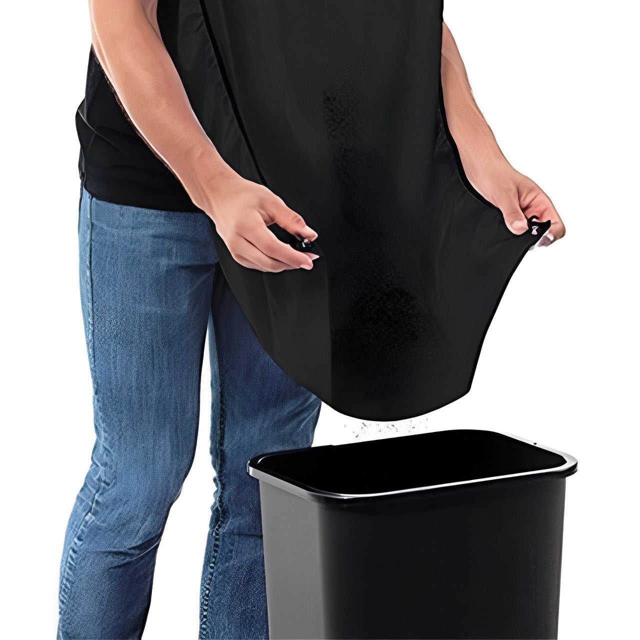 A Man Throwing Hairs in Shaving Apron to Bin.